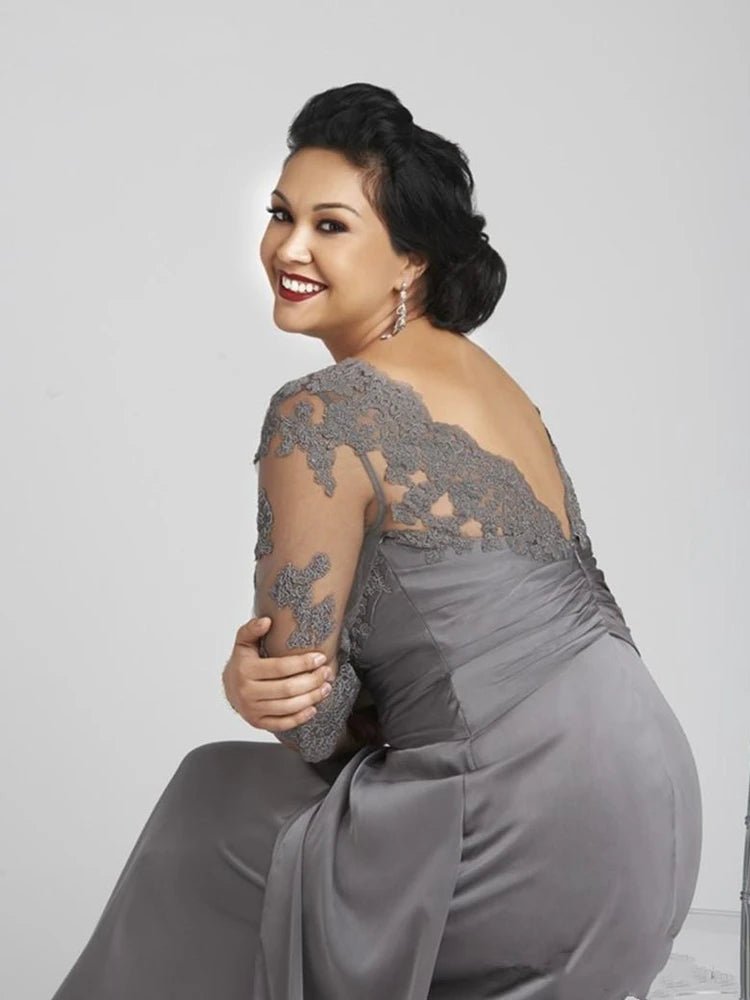 Plus Size Grey Lace Half-Sleeve Mother of the Bride Dress - Luzilly Bridal & Apparel