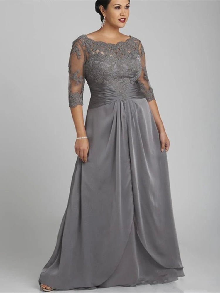 Plus Size Grey Lace Half-Sleeve Mother of the Bride Dress - Luzilly Bridal & Apparel