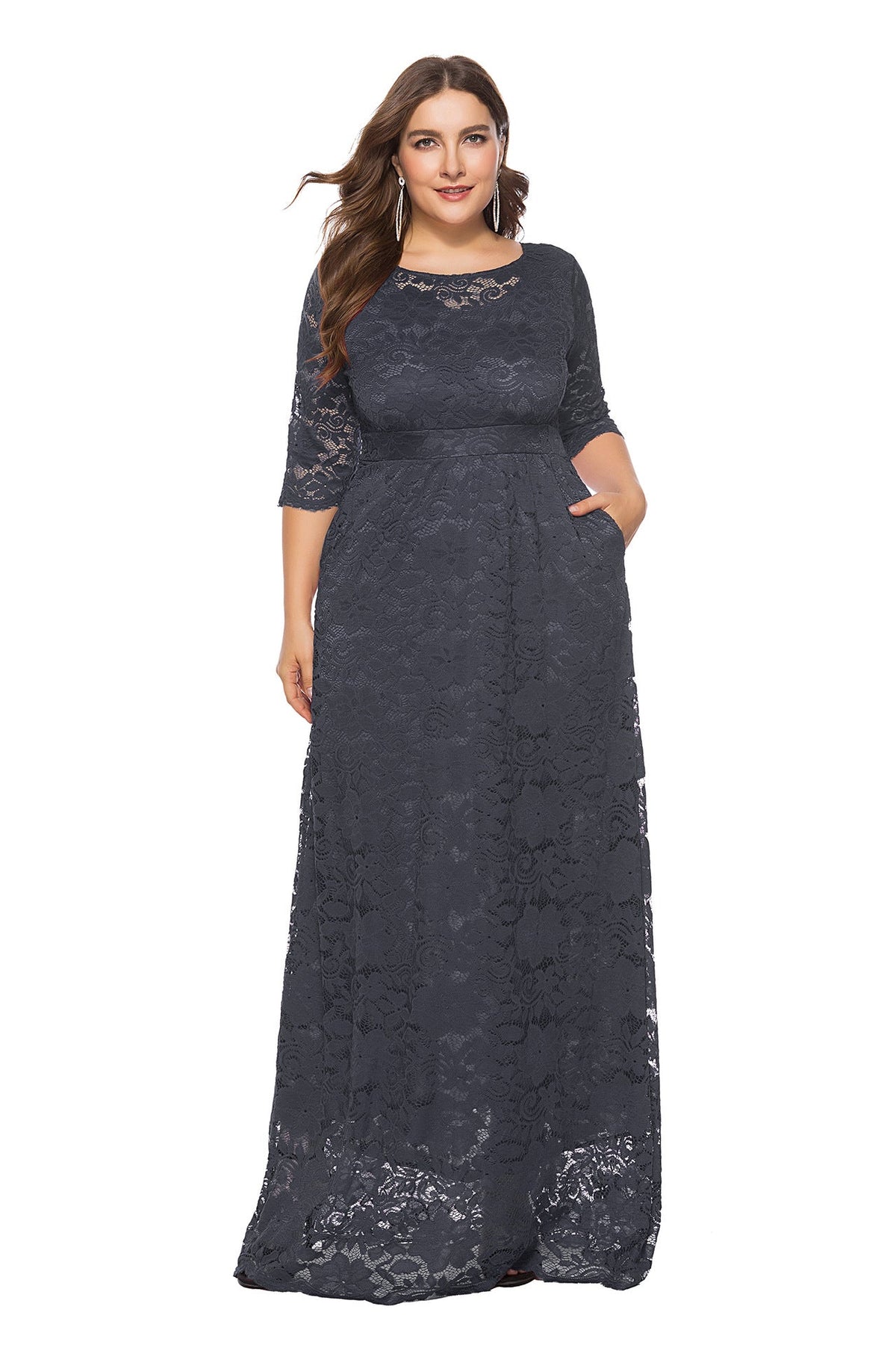 Plus Size Lace Bridesmaid Dress with Pockets and 3/4 Sleeves - Luzilly Bridal & Apparel