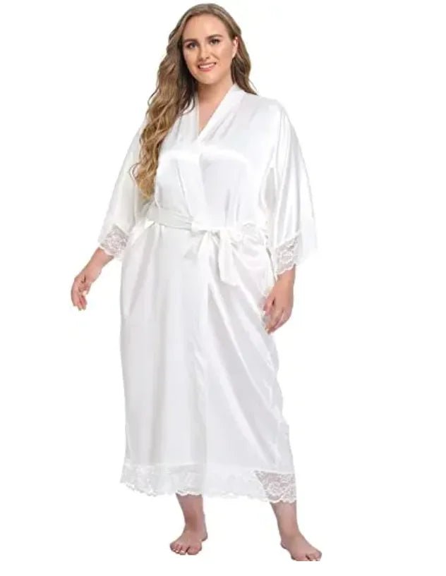 Plus-Size Lace-Sleeve Satin Bridal Robe - Luzilly Bridal & Apparel