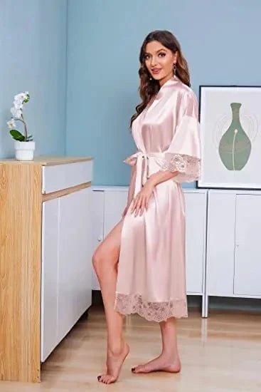 Plus-Size Lace-Sleeve Satin Bridal Robe - Luzilly Bridal & Apparel