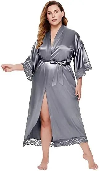 Plus-Size Lace-Sleeve Satin Bridal Robe - Luzilly Bridal & Apparel