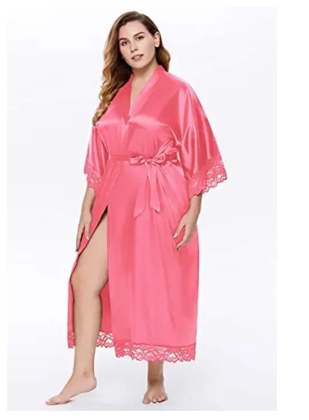 Plus-Size Lace-Sleeve Satin Bridal Robe - Luzilly Bridal & Apparel