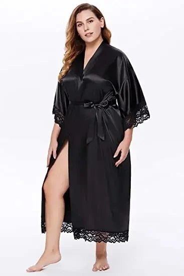 Plus-Size Lace-Sleeve Satin Bridal Robe - Luzilly Bridal & Apparel