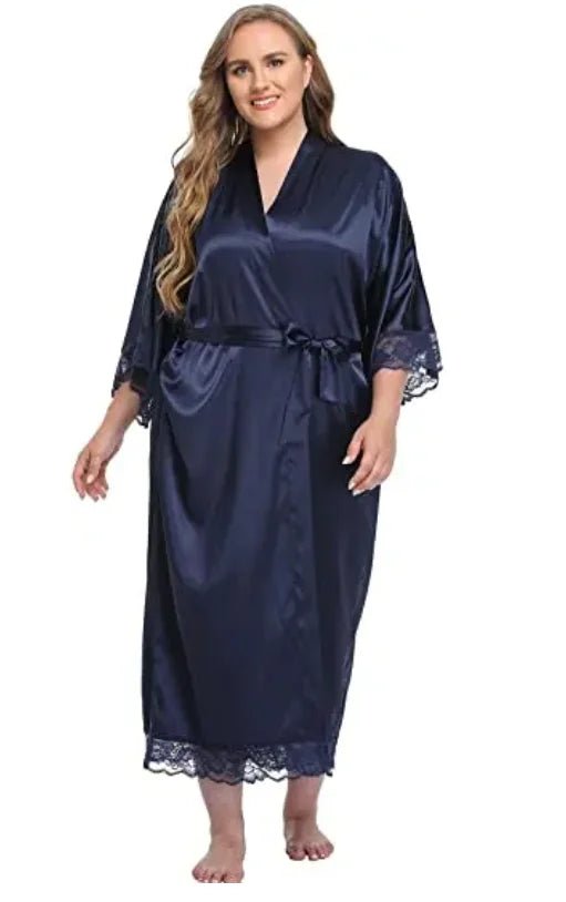 Plus-Size Lace-Sleeve Satin Bridal Robe - Luzilly Bridal & Apparel