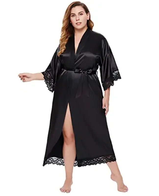 Plus-Size Lace-Sleeve Satin Bridal Robe - Luzilly Bridal & Apparel