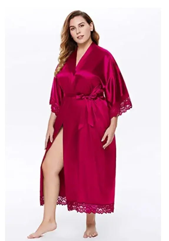 Plus-Size Lace-Sleeve Satin Bridal Robe - Luzilly Bridal & Apparel