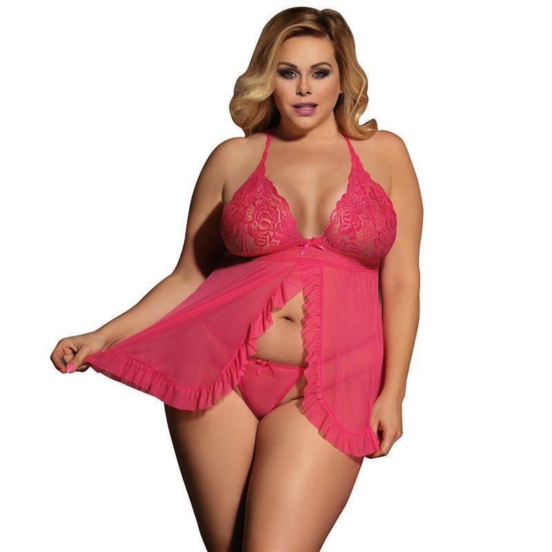 Plus Size Sexy Lingerie Women Halter Lace See through Sexy Nightdress Two Piece Sets - Luzilly Bridal & Apparel