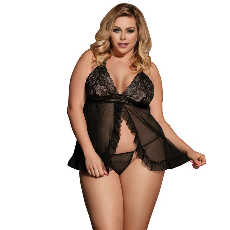 Plus Size Sexy Lingerie Women Halter Lace See through Sexy Nightdress Two Piece Sets - Luzilly Bridal & Apparel