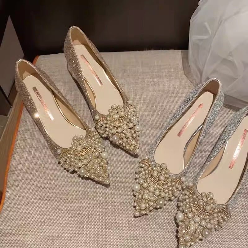 Pointed high heels, women's thick heels, French wedding shoes - Luzilly Bridal & Apparel