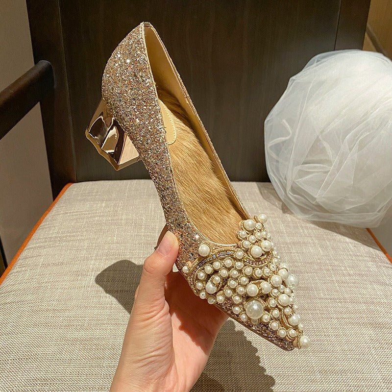 Pointed high heels, women's thick heels, French wedding shoes - Luzilly Bridal & Apparel