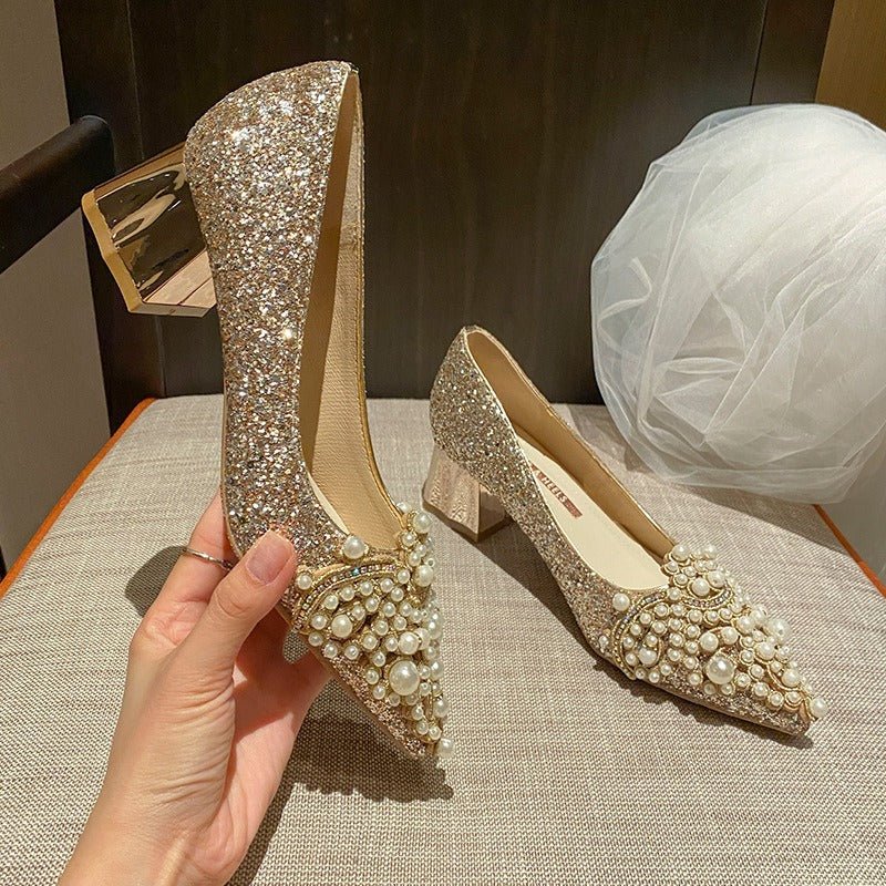 Pointed high heels, women's thick heels, French wedding shoes - Luzilly Bridal & Apparel