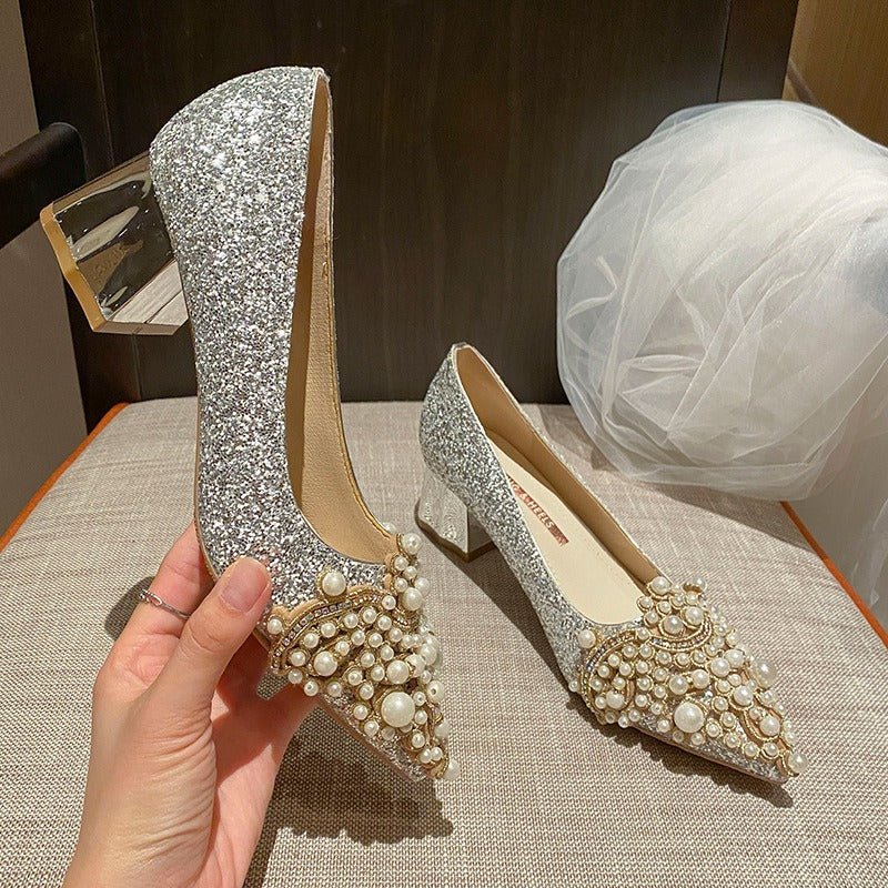 Pointed high heels, women's thick heels, French wedding shoes - Luzilly Bridal & Apparel