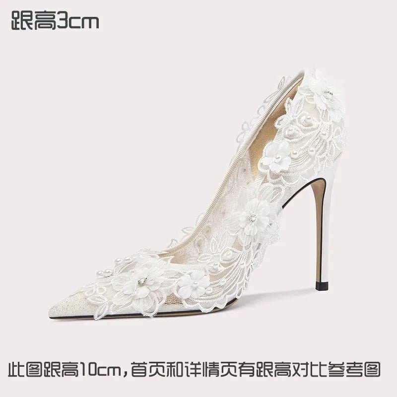Pointed Lace Mesh & Pearl Bridal Heels - Luzilly Bridal & Apparel