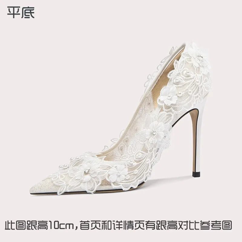 Pointed Lace Mesh & Pearl Bridal Heels - Luzilly Bridal & Apparel