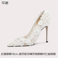 Pointed Lace Mesh & Pearl Bridal Heels - Luzilly Bridal & Apparel