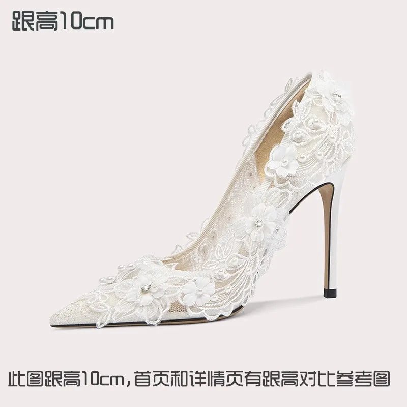 Pointed Lace Mesh & Pearl Bridal Heels - Luzilly Bridal & Apparel