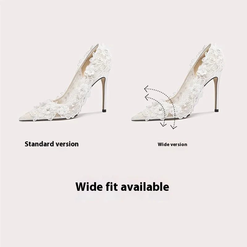 Pointed Lace Mesh & Pearl Bridal Heels - Luzilly Bridal & Apparel