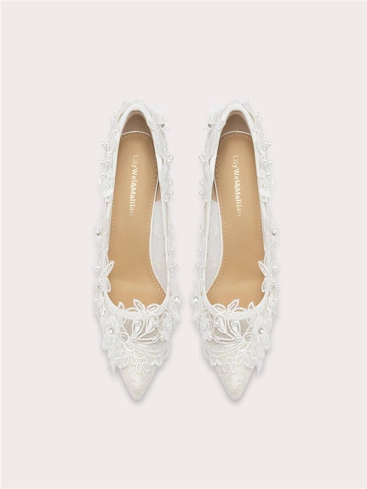 Pointed Lace Mesh & Pearl Bridal Heels - Luzilly Bridal & Apparel