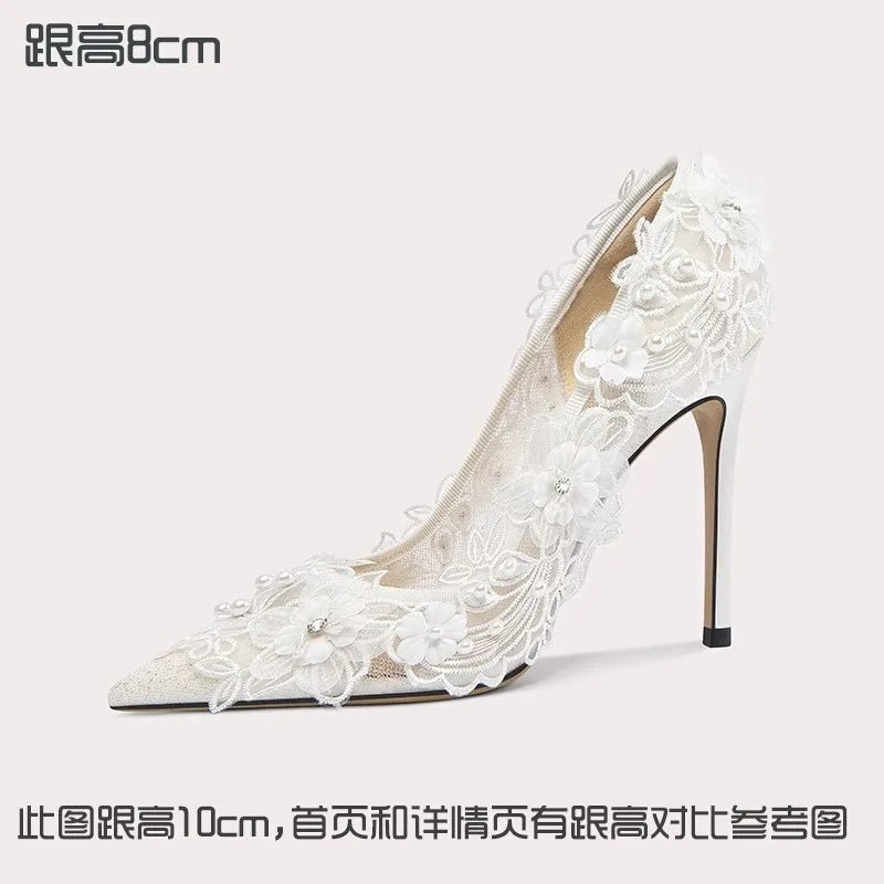 Pointed Lace Mesh & Pearl Bridal Heels - Luzilly Bridal & Apparel