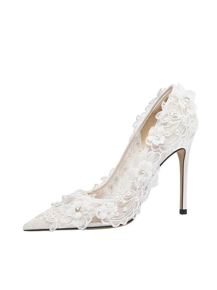 Pointed Lace Mesh & Pearl Bridal Heels - Luzilly Bridal & Apparel