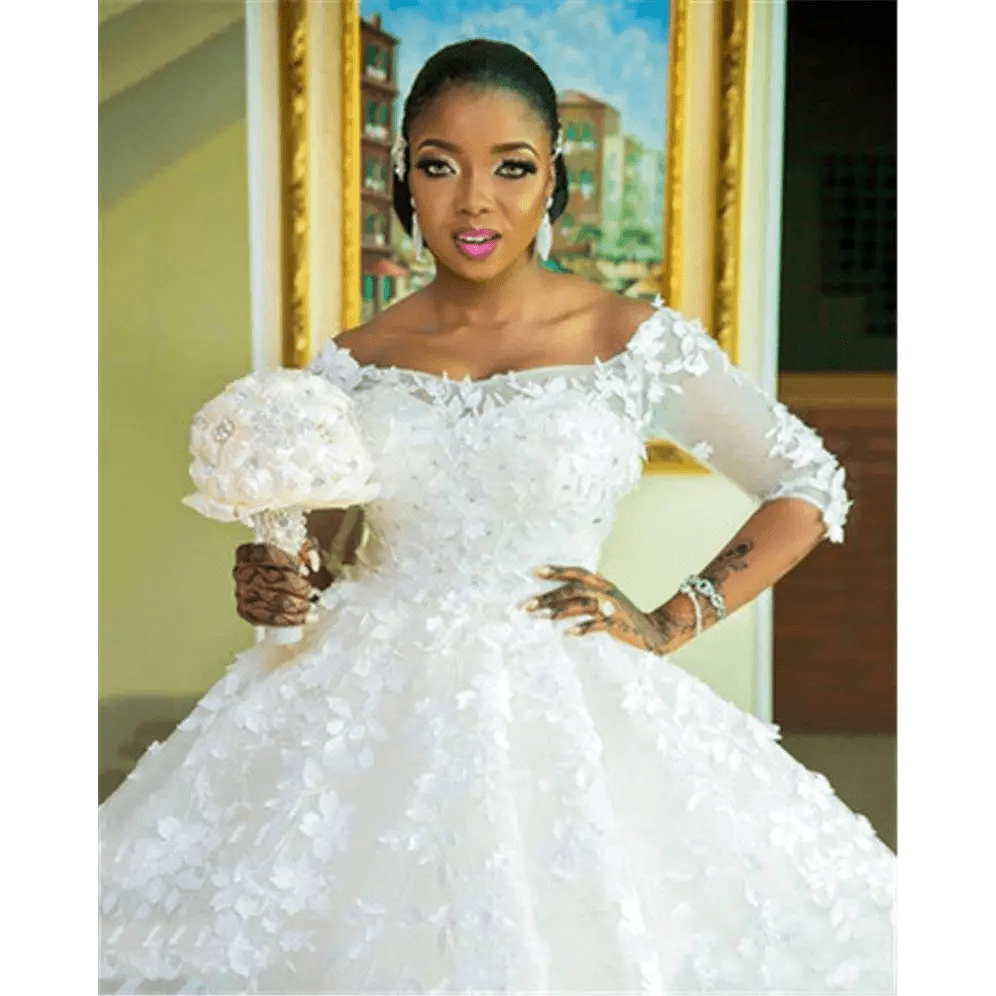 Pregnant Women Princess Wedding Dress with Lace Sleeves - Luzilly Bridal & Apparel