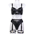 Punk Series Three Piece Set of Sexy Lingerie Black Faux Leather Subdued Leather Metal Stamping Heavy Industry - Luzilly Bridal & Apparel