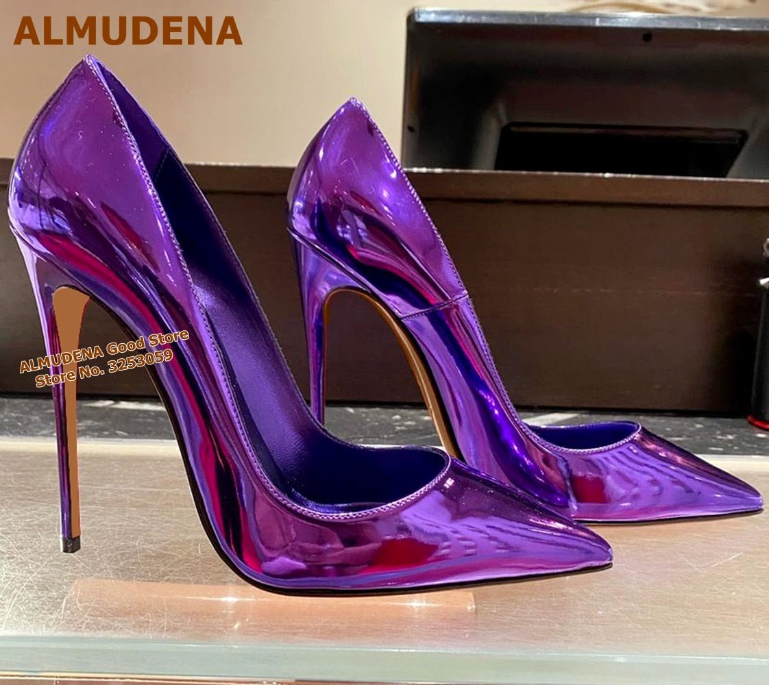 Purple Patent Leather Hologram Iridescent 12cm High Heels Pointed Toe Slip-on Shallow Dress Pumps Size 45 Wedding Shoes - Luzilly Bridal & Apparel