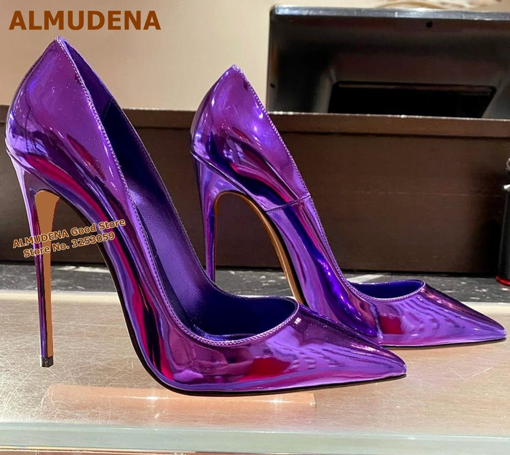 Purple Patent Leather Hologram Iridescent 12cm High Heels Pointed Toe Slip-on Shallow Dress Pumps Size 45 Wedding Shoes - Luzilly Bridal & Apparel