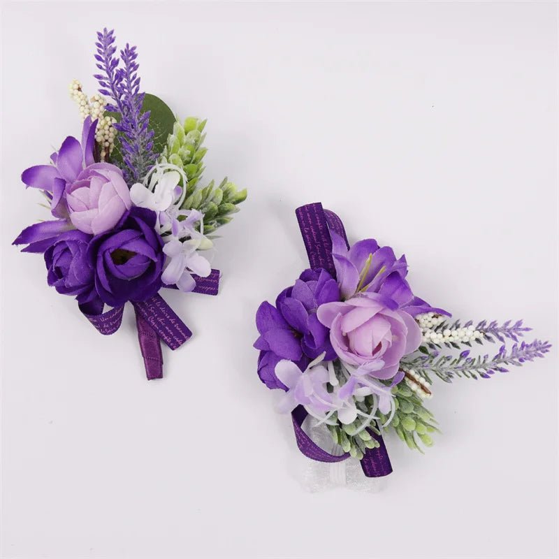 Purple Silk Roses Groom Boutonniere Brooch Flowers Wedding Wrist Corsage Bridesmaids Prom Marriage Corsage Flowers Accessories - Luzilly Bridal & Apparel