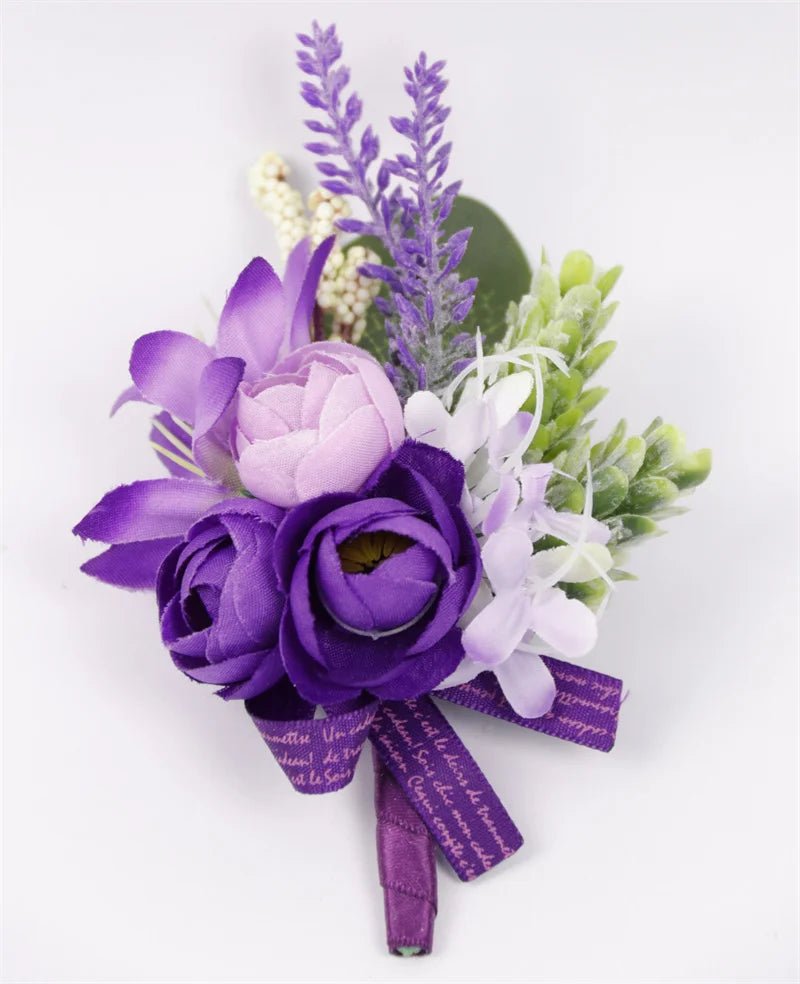 Purple Silk Roses Groom Boutonniere Brooch Flowers Wedding Wrist Corsage Bridesmaids Prom Marriage Corsage Flowers Accessories - Luzilly Bridal & Apparel