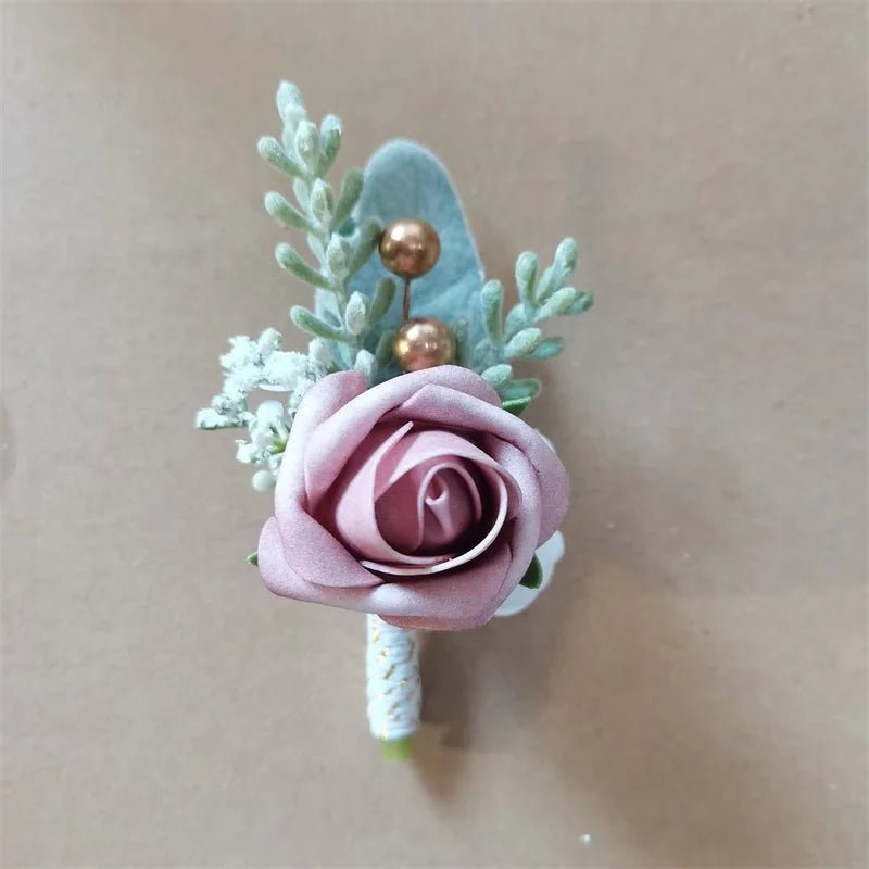 Purple Silk Roses Groom Boutonniere Brooch Flowers Wedding Wrist Corsage Bridesmaids Prom Marriage Corsage Flowers Accessories - Luzilly Bridal & Apparel