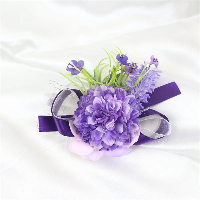 Purple Silk Roses Groom Boutonniere Brooch Flowers Wedding Wrist Corsage Bridesmaids Prom Marriage Corsage Flowers Accessories - Luzilly Bridal & Apparel