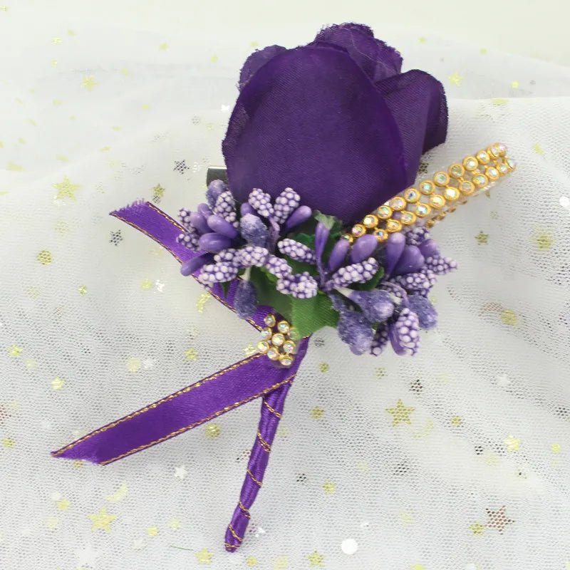 Purple Silk Roses Groom Boutonniere Brooch Flowers Wedding Wrist Corsage Bridesmaids Prom Marriage Corsage Flowers Accessories - Luzilly Bridal & Apparel