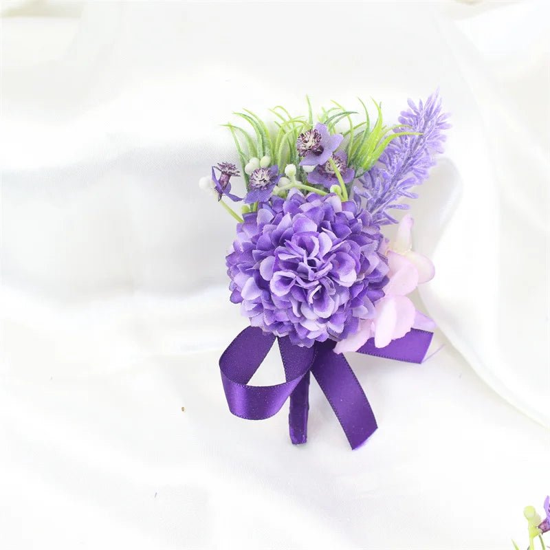Purple Silk Roses Groom Boutonniere Brooch Flowers Wedding Wrist Corsage Bridesmaids Prom Marriage Corsage Flowers Accessories - Luzilly Bridal & Apparel