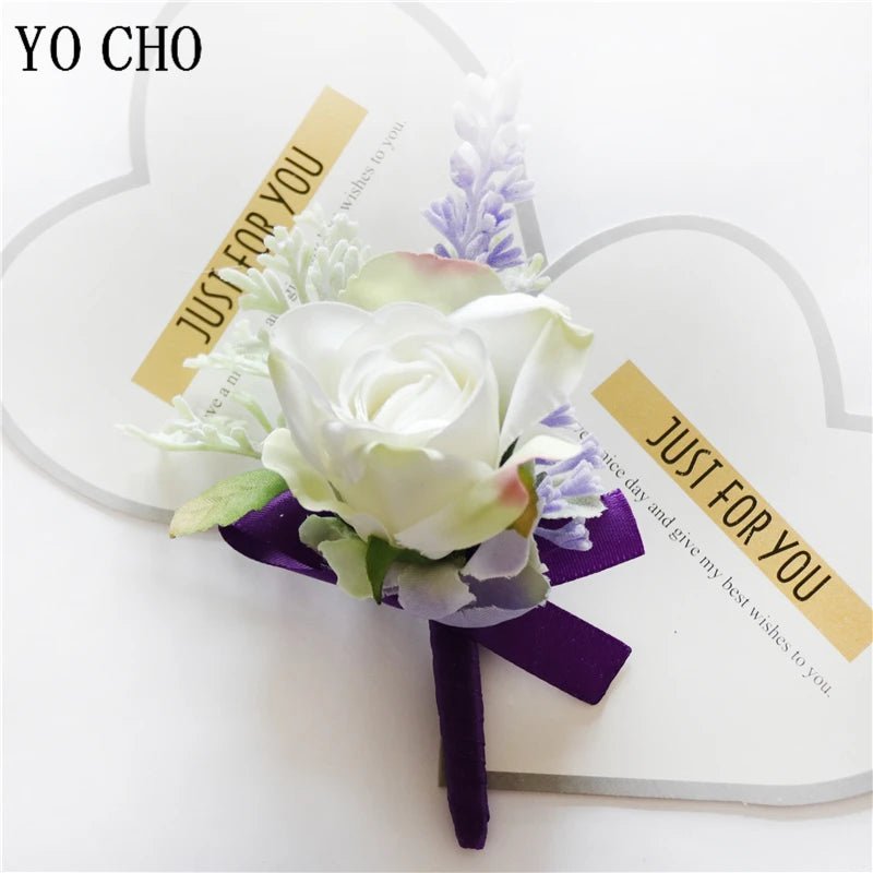 Purple Silk Roses Groom Boutonniere Brooch Flowers Wedding Wrist Corsage Bridesmaids Prom Marriage Corsage Flowers Accessories - Luzilly Bridal & Apparel