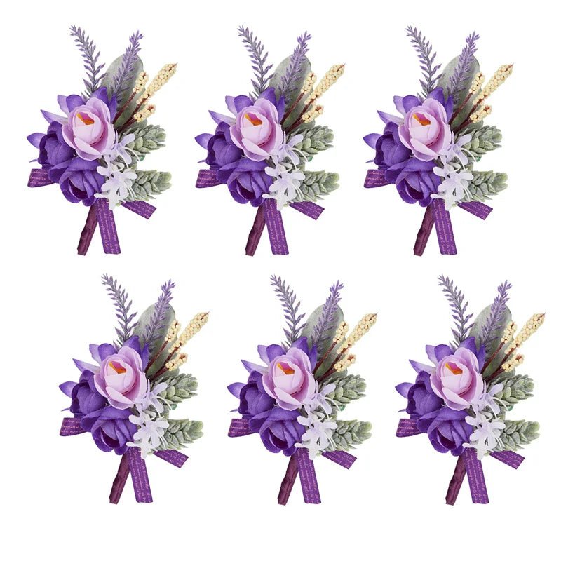 Purple Silk Roses Groom Boutonniere Brooch Flowers Wedding Wrist Corsage Bridesmaids Prom Marriage Corsage Flowers Accessories - Luzilly Bridal & Apparel
