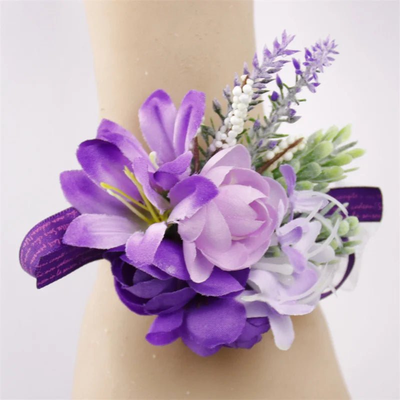 Purple Silk Roses Groom Boutonniere Brooch Flowers Wedding Wrist Corsage Bridesmaids Prom Marriage Corsage Flowers Accessories - Luzilly Bridal & Apparel
