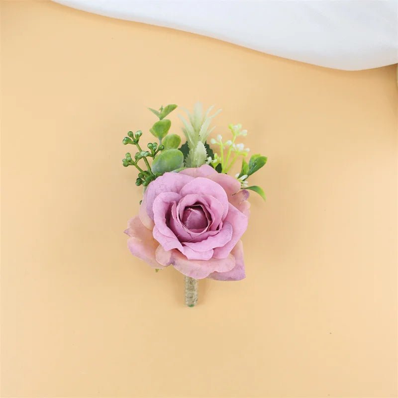 Purple Silk Roses Groom Boutonniere Brooch Flowers Wedding Wrist Corsage Bridesmaids Prom Marriage Corsage Flowers Accessories - Luzilly Bridal & Apparel