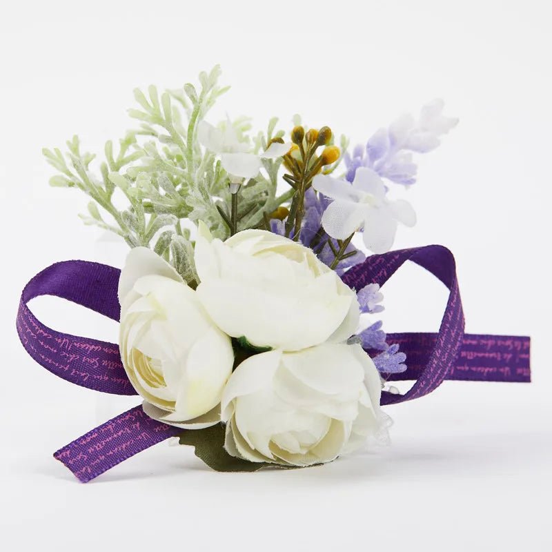 Purple Silk Roses Groom Boutonniere Brooch Flowers Wedding Wrist Corsage Bridesmaids Prom Marriage Corsage Flowers Accessories - Luzilly Bridal & Apparel