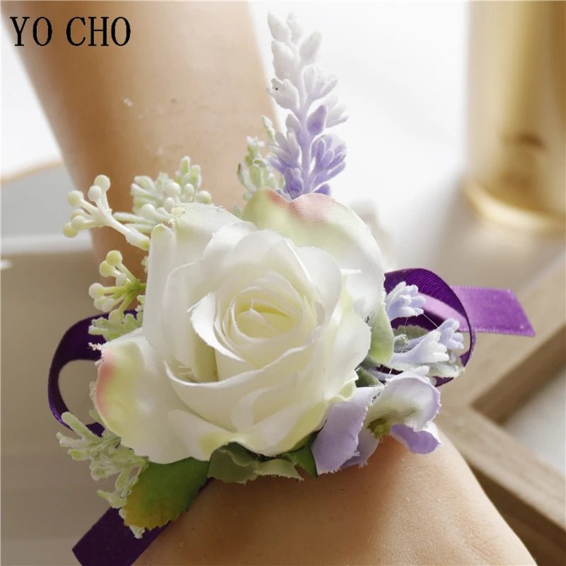 Purple Silk Roses Groom Boutonniere Brooch Flowers Wedding Wrist Corsage Bridesmaids Prom Marriage Corsage Flowers Accessories - Luzilly Bridal & Apparel