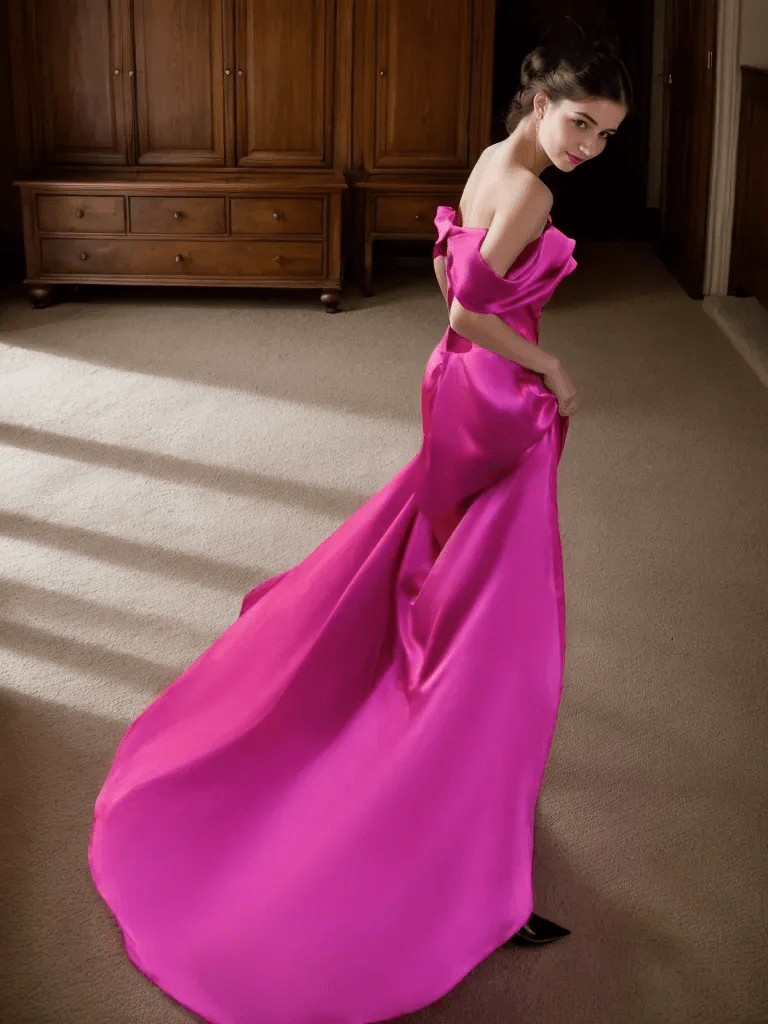 Radiant Fuchsia Off-Shoulder Satin Gown with Elegant Train - Luzilly Bridal & Apparel