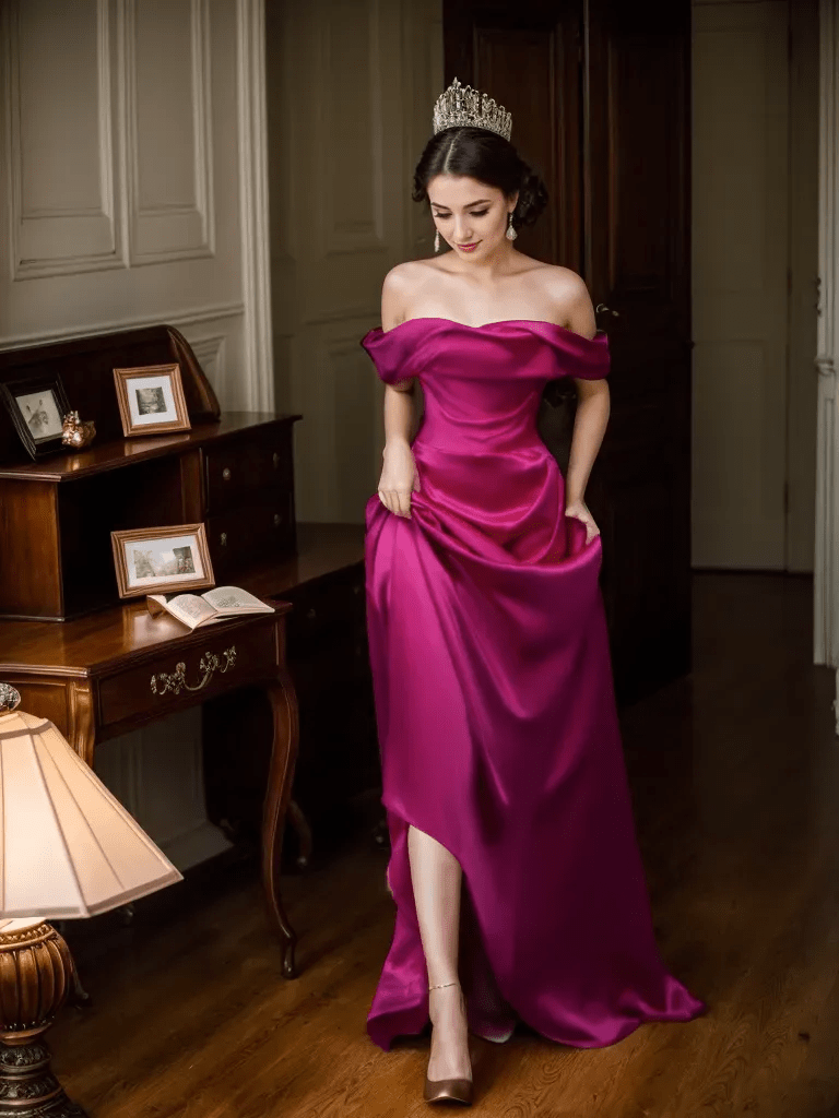 Radiant Fuchsia Off-Shoulder Satin Gown with Elegant Train - Luzilly Bridal & Apparel
