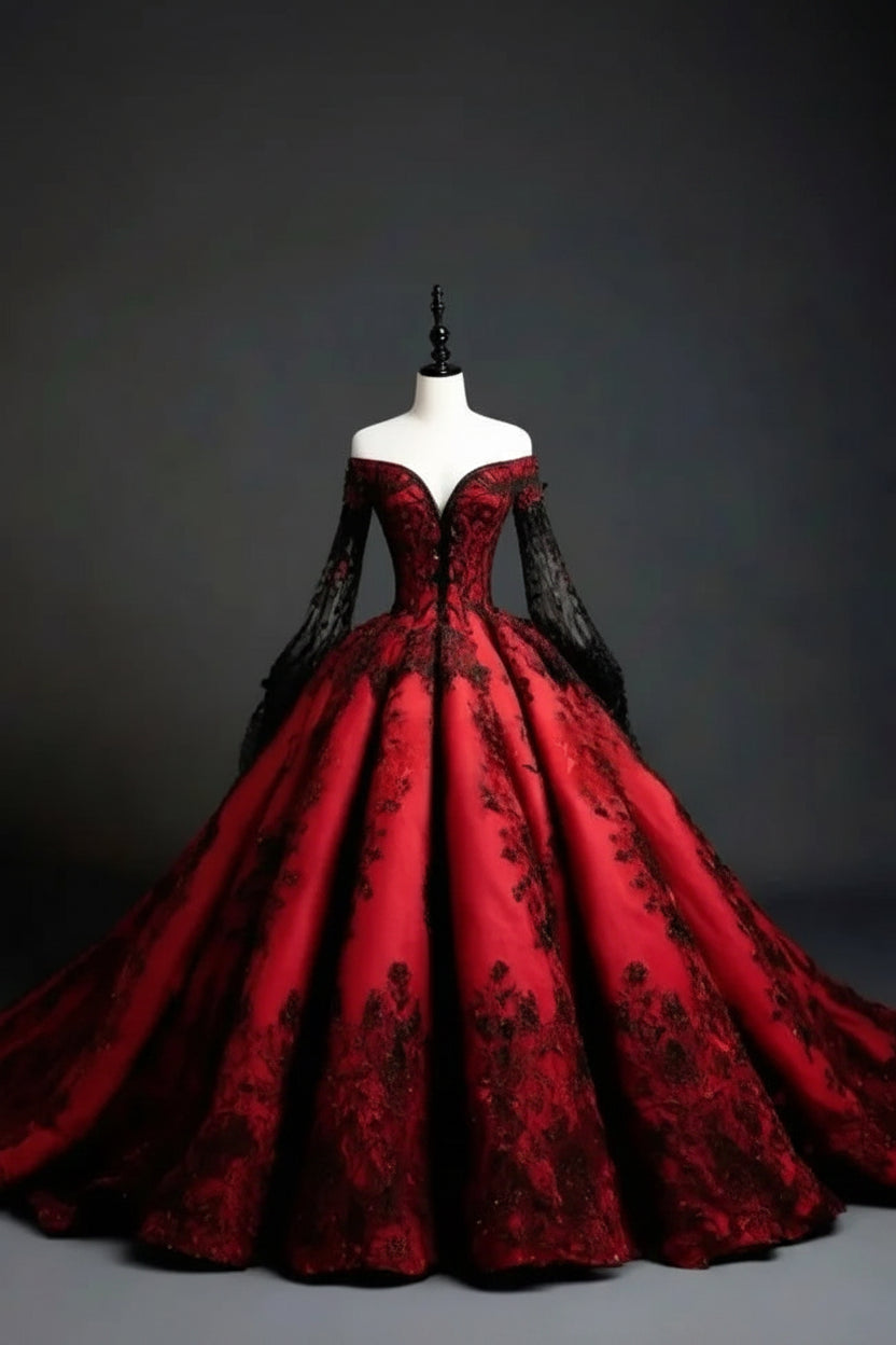Red And Black Wedding Dress Off Shoulder Long Sleeves Vintage Gothic Bridal Gown Pleats Corset Lace-Up Vestido Customized - Luzilly Bridal & Apparel