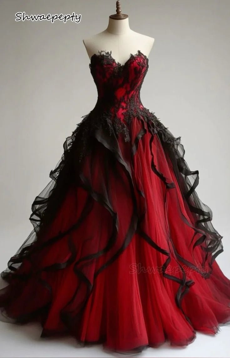 Red And Black Wedding Dress Ruffle Tulle Gothic Bridal Gown Customized Color Sweetheart Sleeveless Vestido De Novia - Luzilly Bridal & Apparel