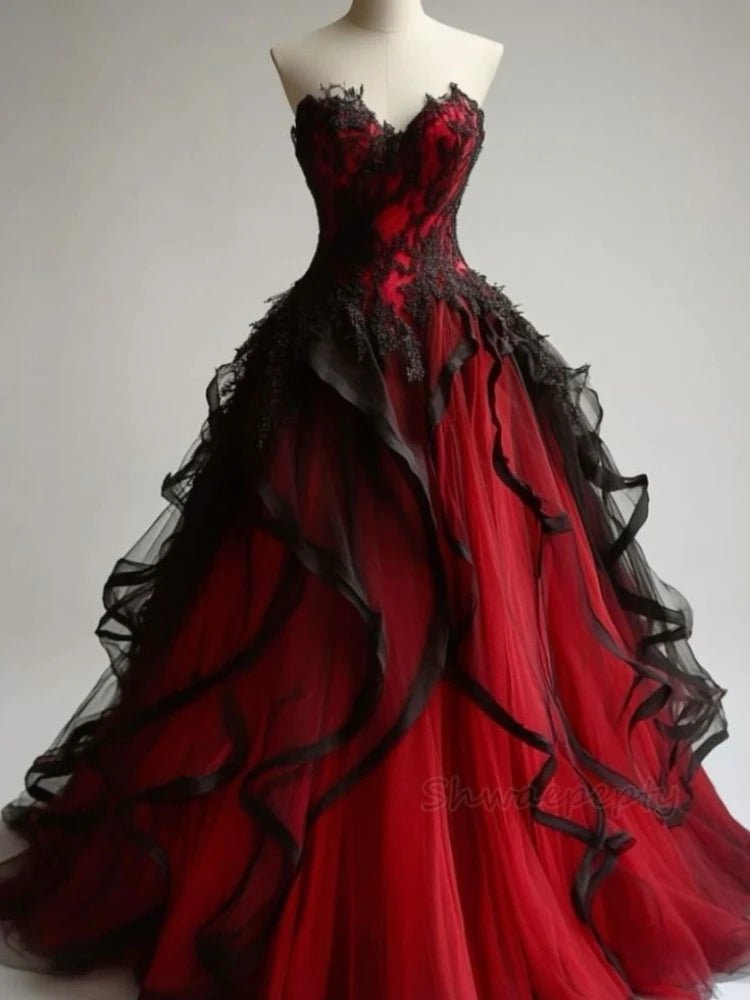 Red And Black Wedding Dress Ruffle Tulle Gothic Bridal Gown Customized Color Sweetheart Sleeveless Vestido De Novia - Luzilly Bridal & Apparel