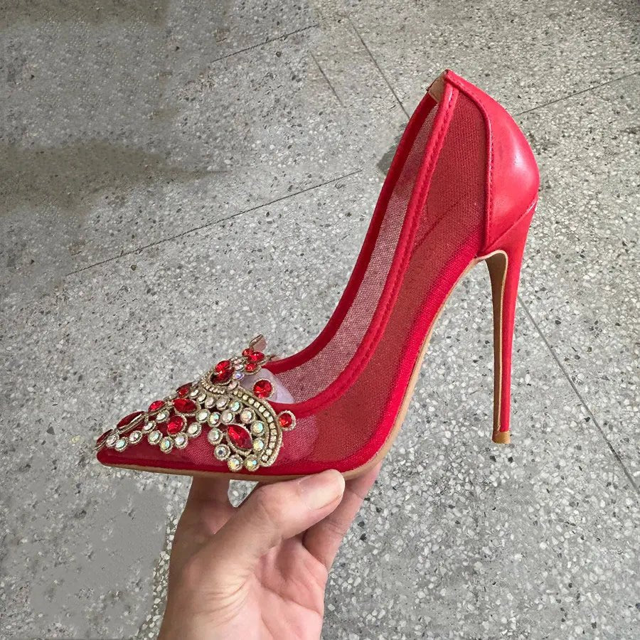 Red Diamante Pointed-Toe Bridal Stilettos - Luzilly Bridal & Apparel