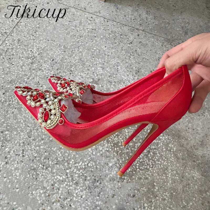 Red Diamante Pointed-Toe Bridal Stilettos - Luzilly Bridal & Apparel