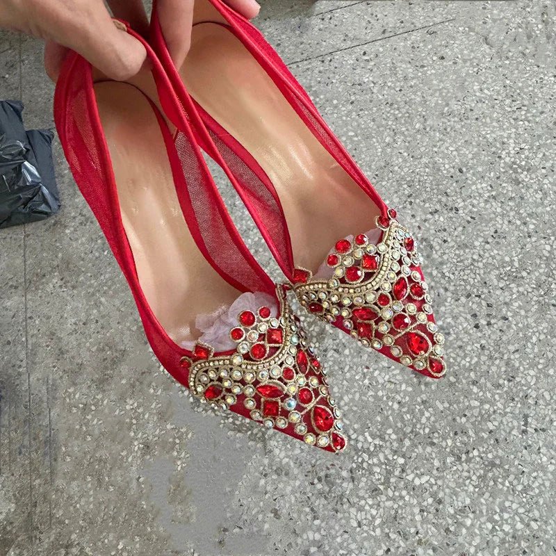 Red Diamante Pointed-Toe Bridal Stilettos - Luzilly Bridal & Apparel