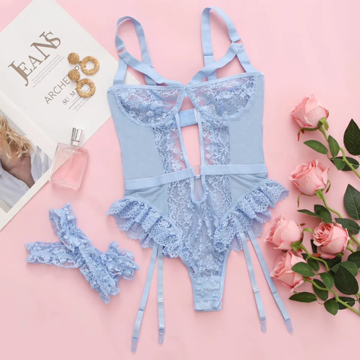 Red Floral Lace Bra, Thong & Choker Set - Luzilly Bridal & Apparel